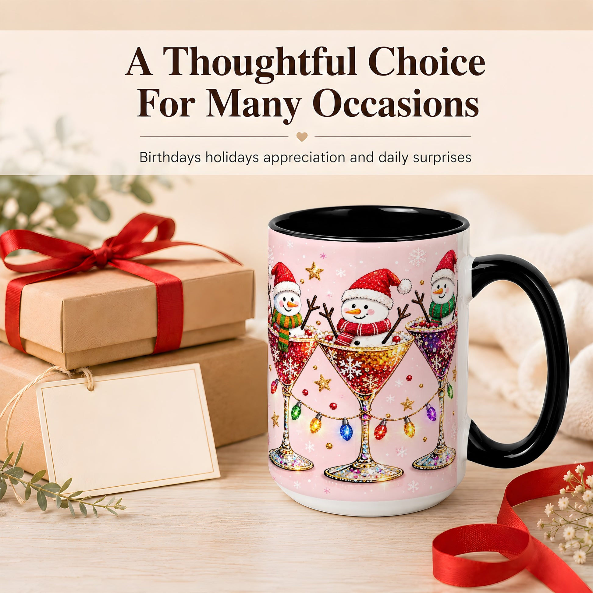 #pl[15oz|Black] Snowman Martini Coffee Mug, Pink Christmas Mug, Ceramic Cup