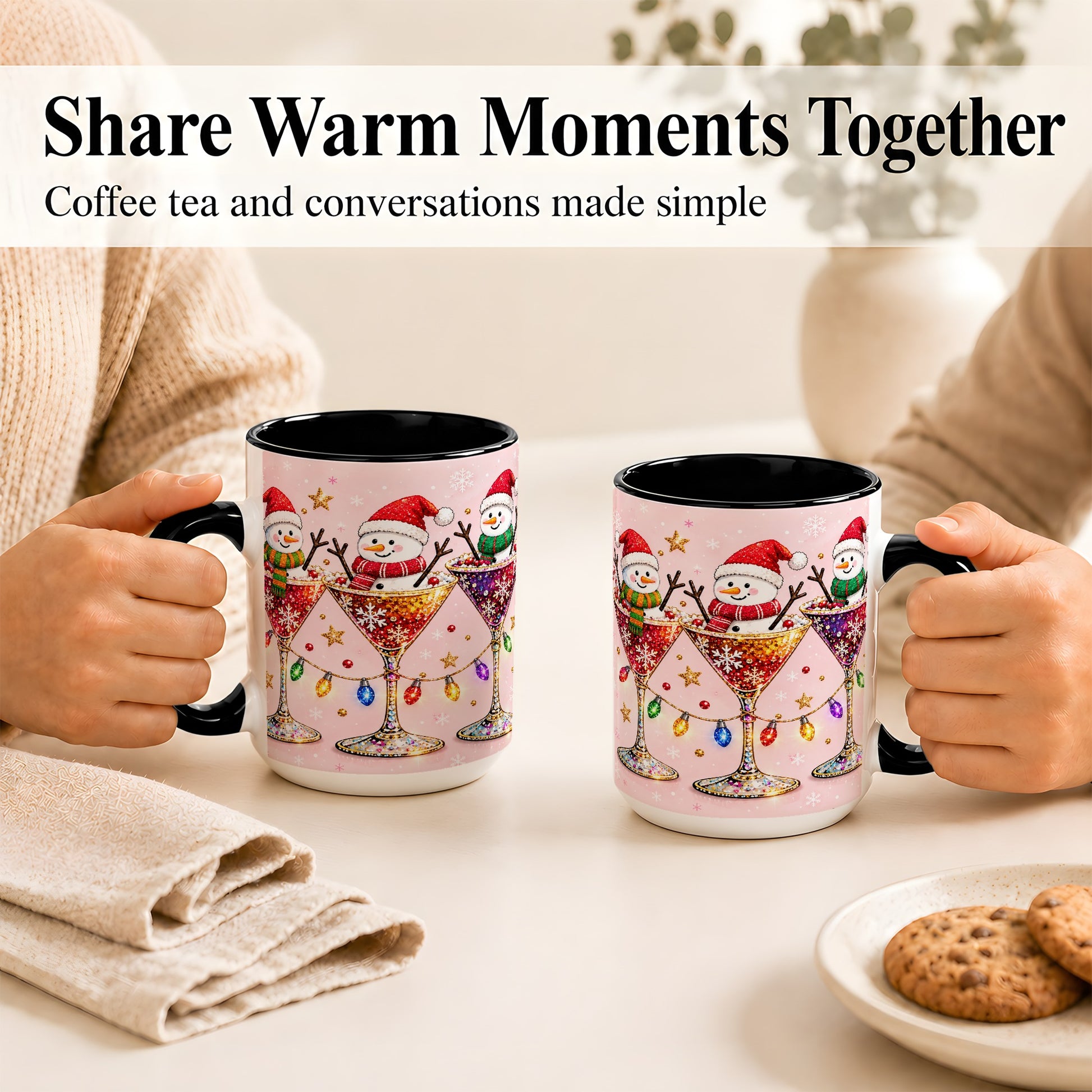 #pl[15oz|Black] Snowman Martini Coffee Mug, Pink Christmas Mug, Ceramic Cup