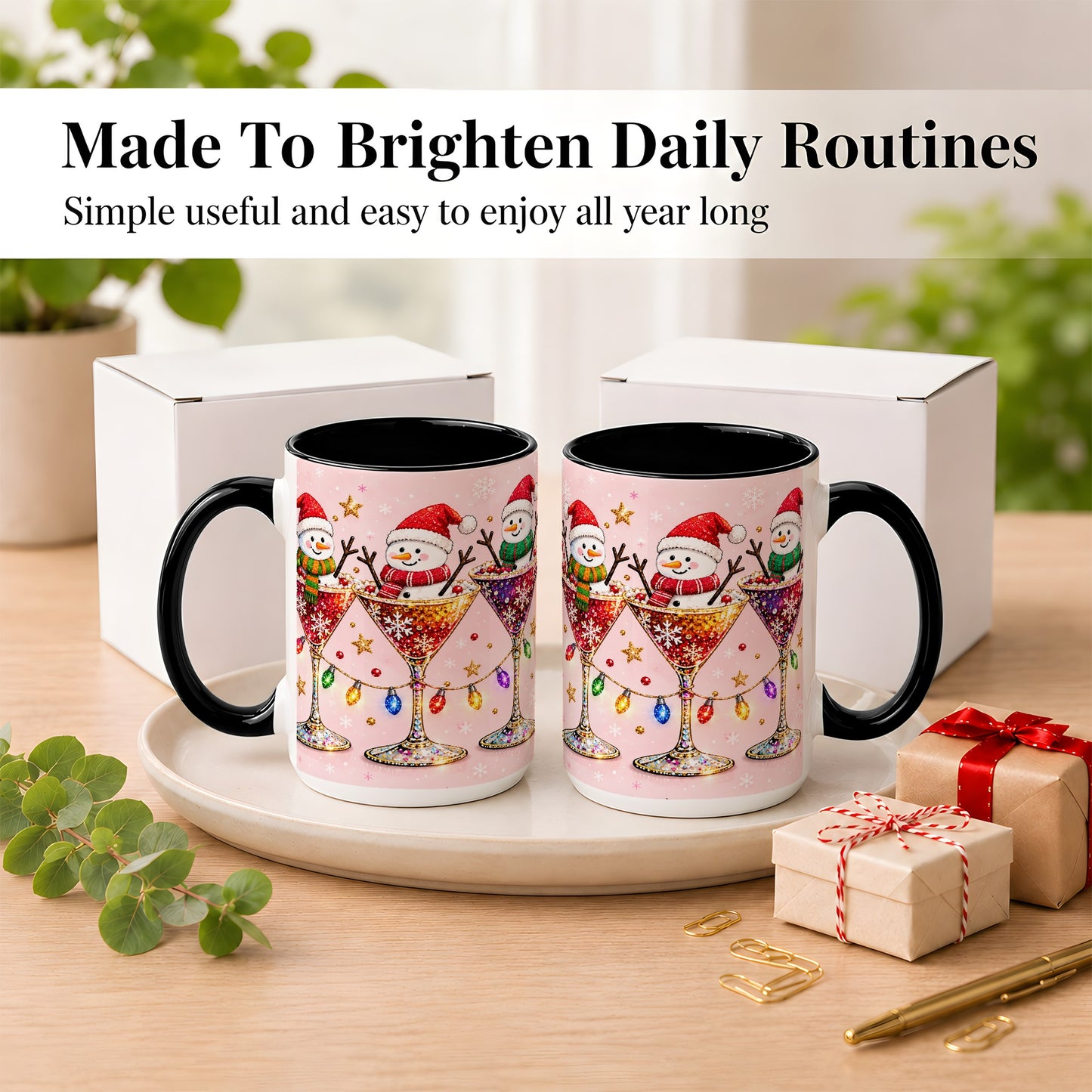 #pl[15oz|Black] Snowman Martini Coffee Mug, Pink Christmas Mug, Ceramic Cup