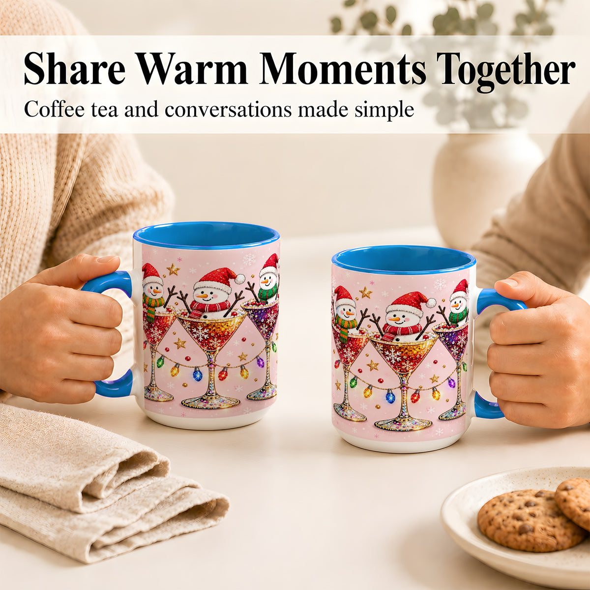 #pl[15oz|Blue] Snowman Martini Coffee Mug, Pink Christmas Mug, Ceramic Cup