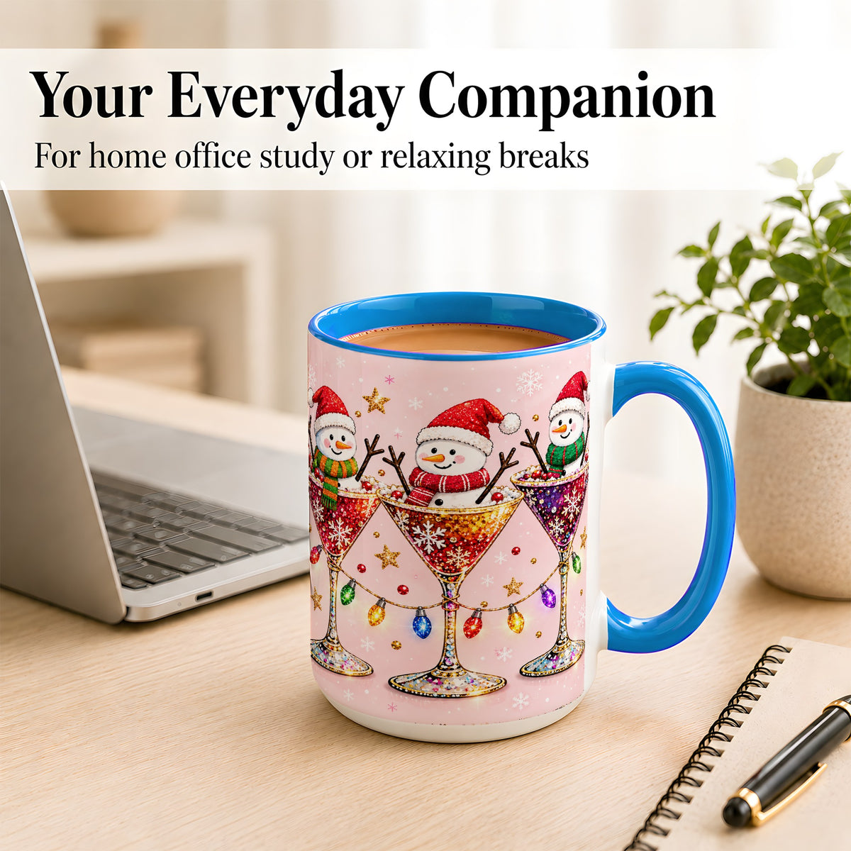 #pl[15oz|Blue] Snowman Martini Coffee Mug, Pink Christmas Mug, Ceramic Cup