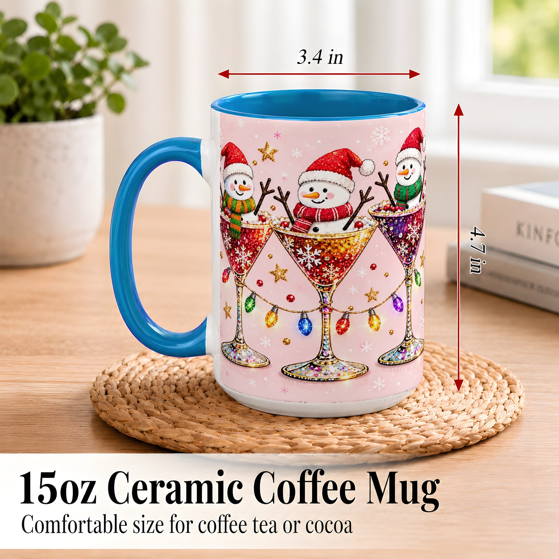 #pl[15oz|Blue] Snowman Martini Coffee Mug, Pink Christmas Mug, Ceramic Cup