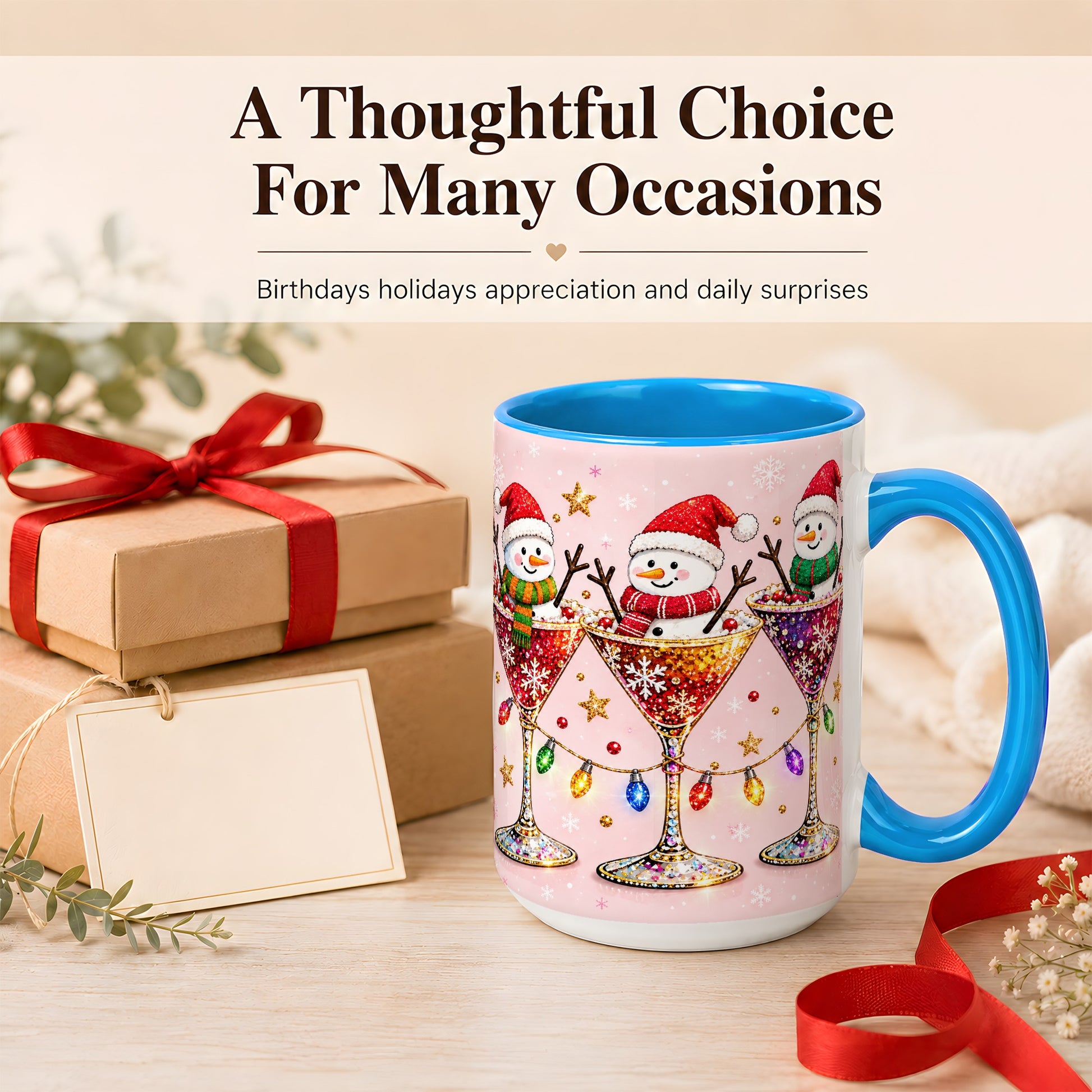 #pl[15oz|Blue] Snowman Martini Coffee Mug, Pink Christmas Mug, Ceramic Cup