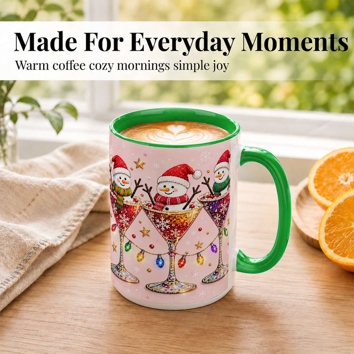 #pl[15oz|Green] Snowman Martini Coffee Mug, Pink Christmas Mug, Ceramic Cup