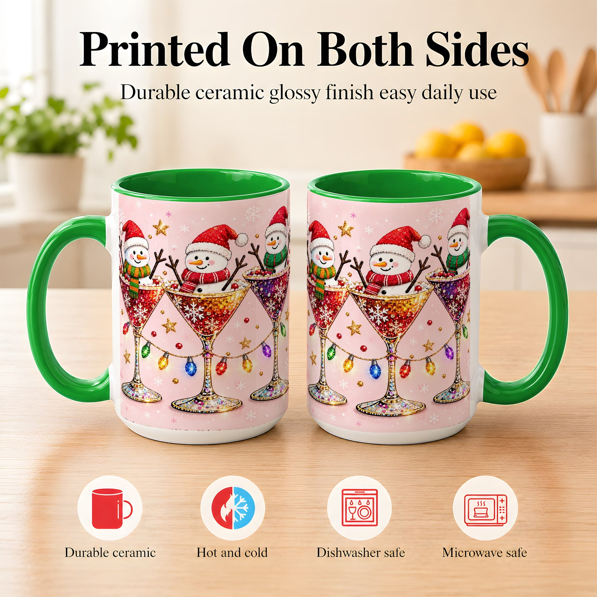 #pl[15oz|Green] Snowman Martini Coffee Mug, Pink Christmas Mug, Ceramic Cup