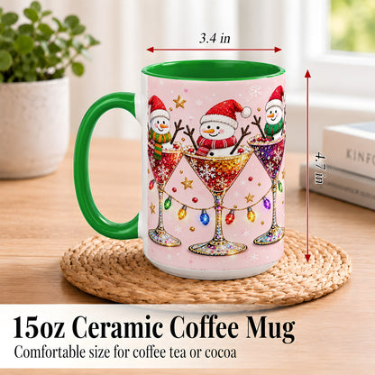 #pl[15oz|Green] Snowman Martini Coffee Mug, Pink Christmas Mug, Ceramic Cup