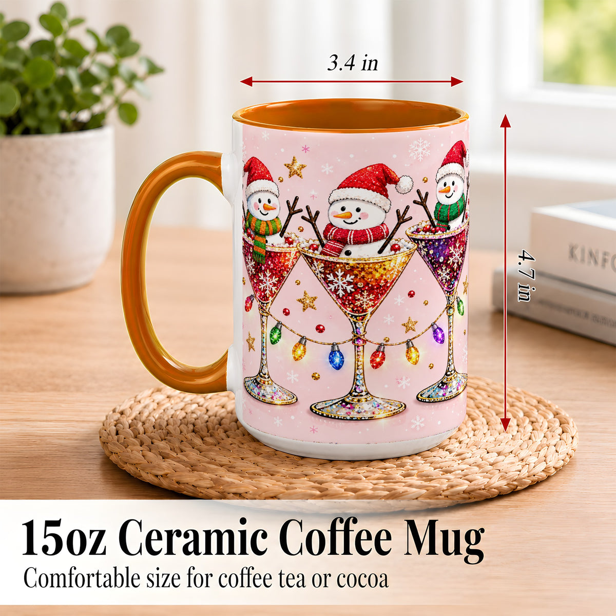 #pl[15oz|Orange] Snowman Martini Coffee Mug, Pink Christmas Mug, Ceramic Cup