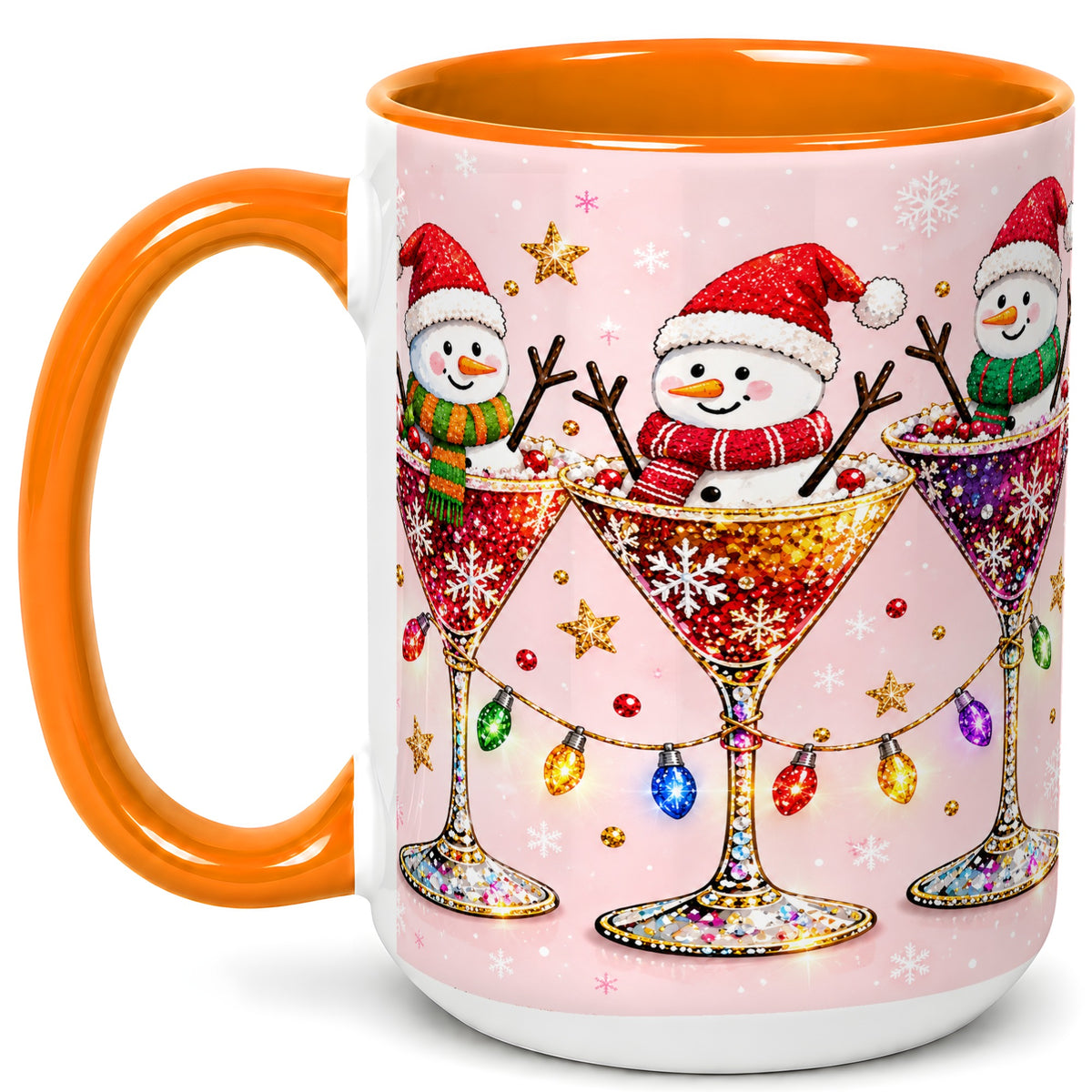 #pl[15oz|Orange] Snowman Martini Coffee Mug, Pink Christmas Mug, Ceramic Cup