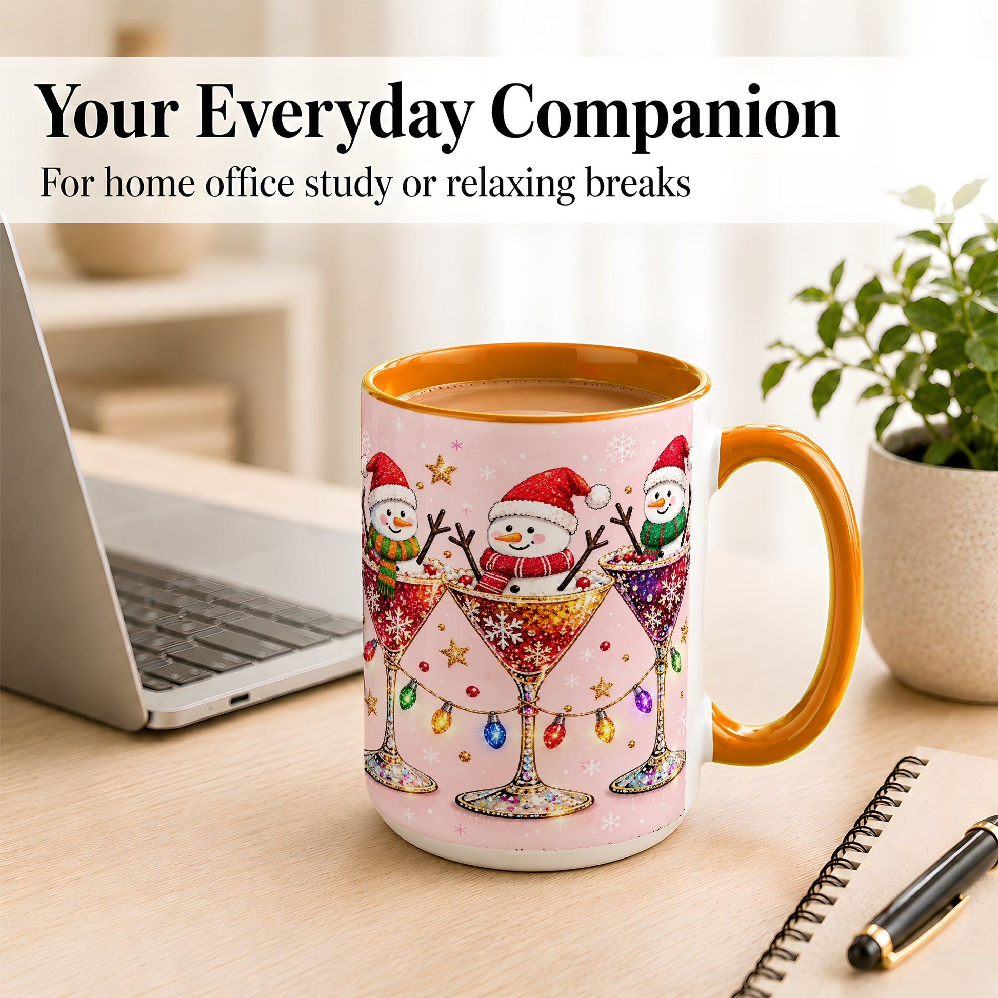 #pl[15oz|Orange] Snowman Martini Coffee Mug, Pink Christmas Mug, Ceramic Cup