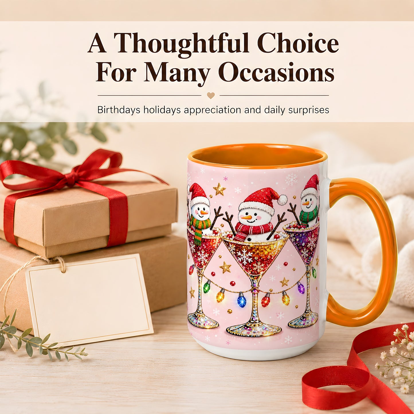 #pl[15oz|Orange] Snowman Martini Coffee Mug, Pink Christmas Mug, Ceramic Cup