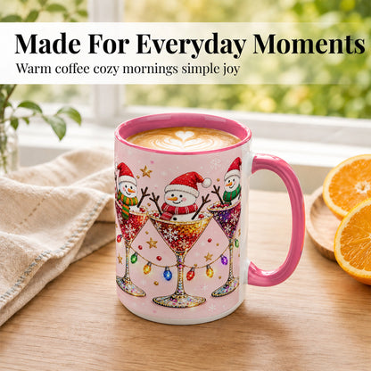 #pl[15oz|Pink] Snowman Martini Coffee Mug, Pink Christmas Mug, Ceramic Cup