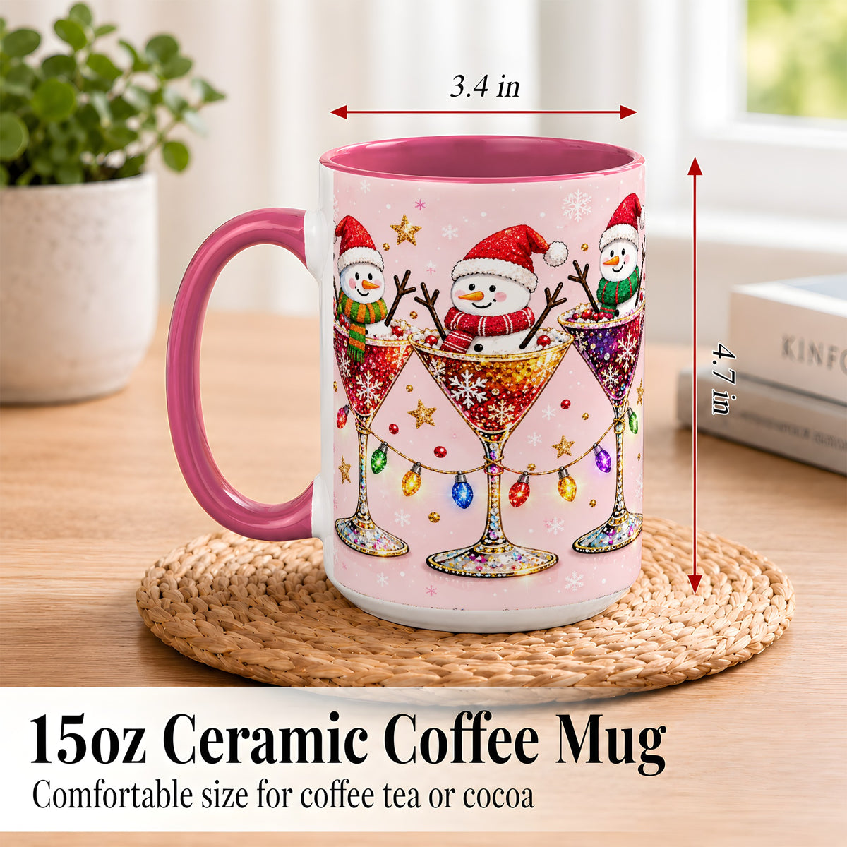 #pl[15oz|Pink] Snowman Martini Coffee Mug, Pink Christmas Mug, Ceramic Cup