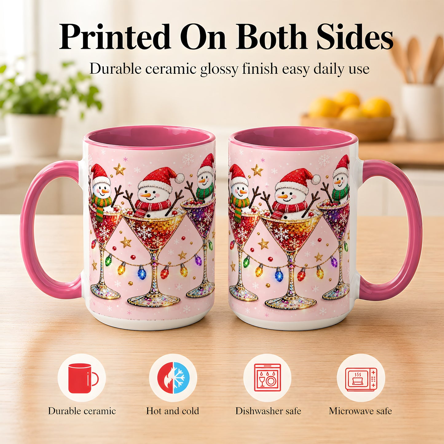 #pl[15oz|Pink] Snowman Martini Coffee Mug, Pink Christmas Mug, Ceramic Cup