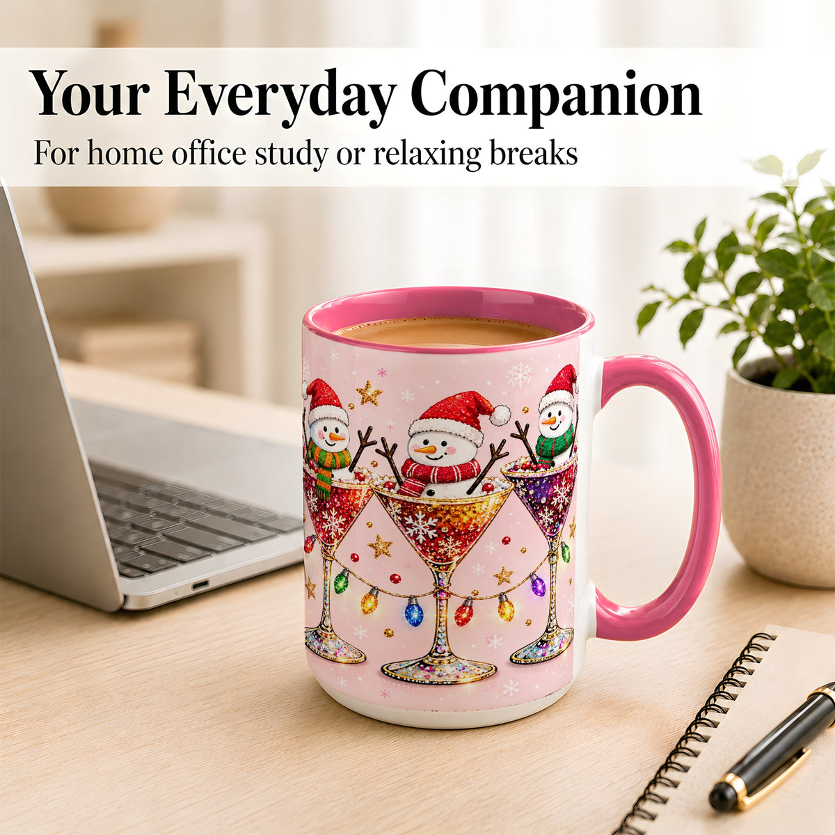#pl[15oz|Pink] Snowman Martini Coffee Mug, Pink Christmas Mug, Ceramic Cup