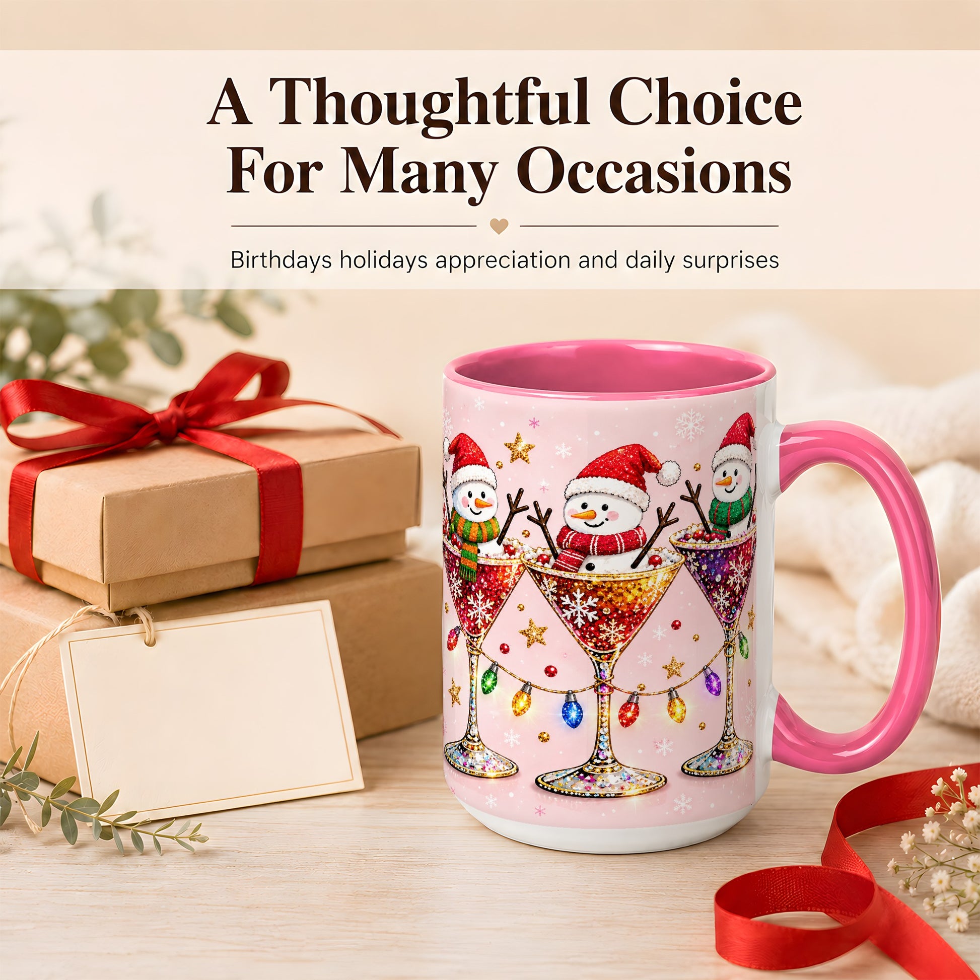 #pl[15oz|Pink] Snowman Martini Coffee Mug, Pink Christmas Mug, Ceramic Cup