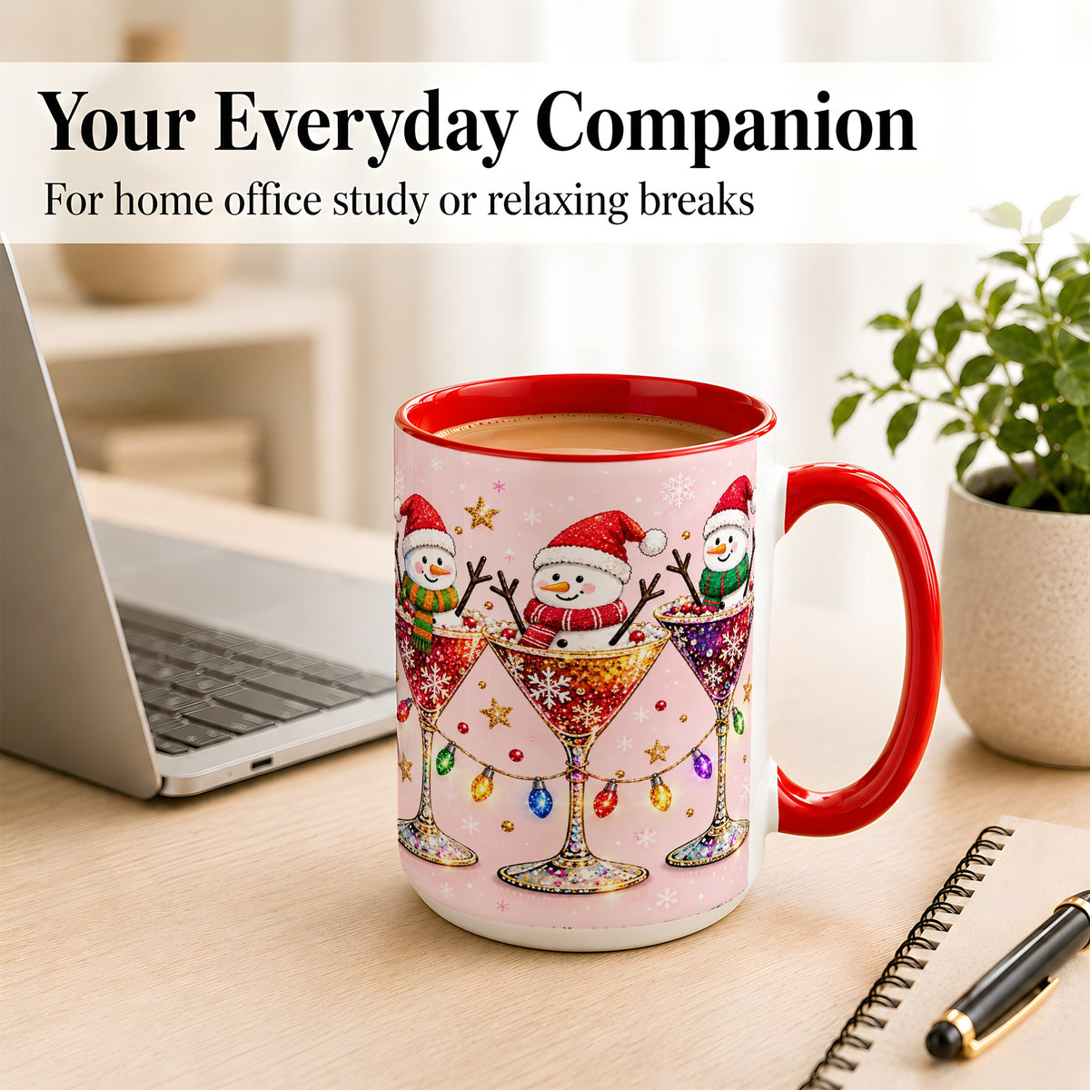 #pl[15oz|Red] Snowman Martini Coffee Mug, Pink Christmas Mug, Ceramic Cup