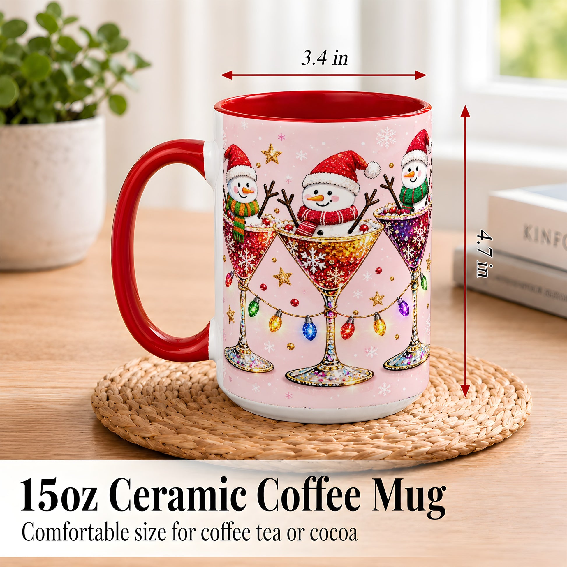 #pl[15oz|Red] Snowman Martini Coffee Mug, Pink Christmas Mug, Ceramic Cup