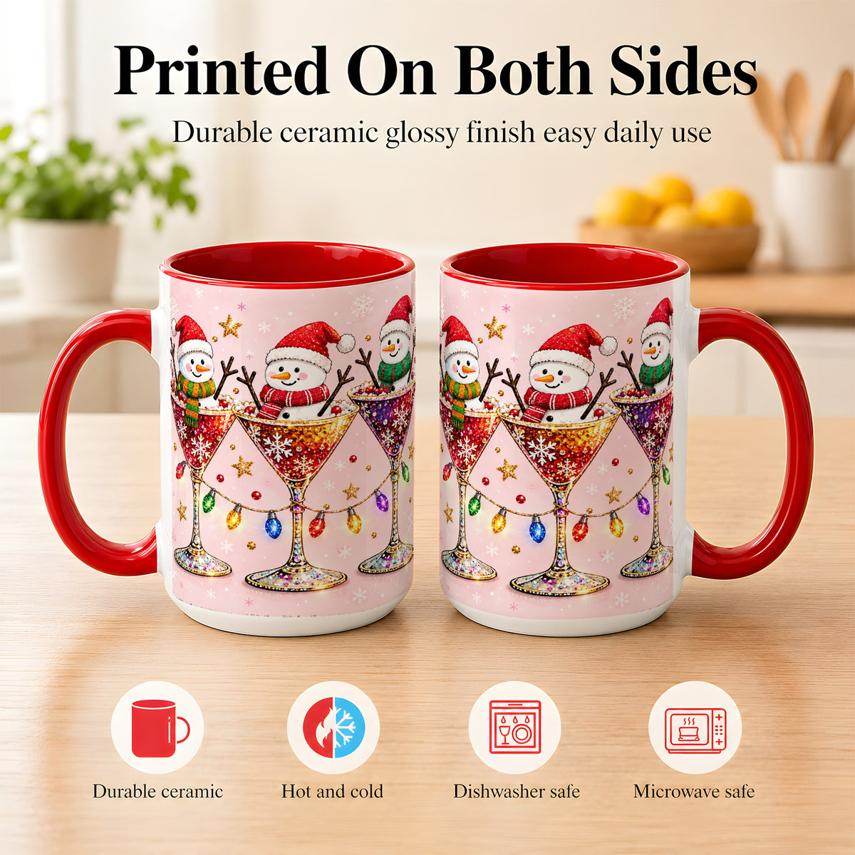 #pl[15oz|Red] Snowman Martini Coffee Mug, Pink Christmas Mug, Ceramic Cup