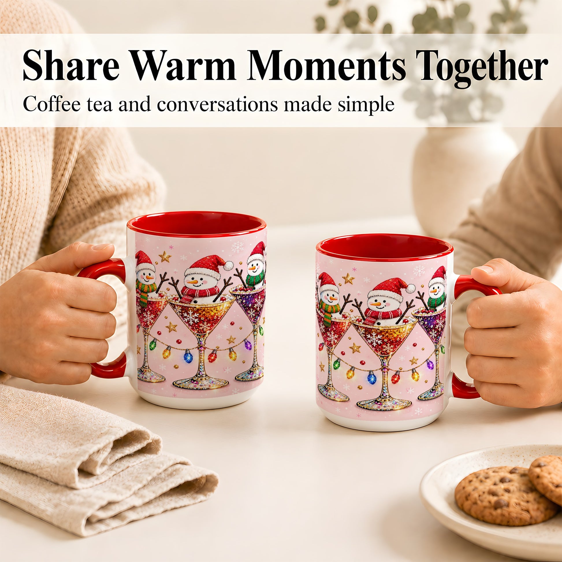 #pl[15oz|Red] Snowman Martini Coffee Mug, Pink Christmas Mug, Ceramic Cup