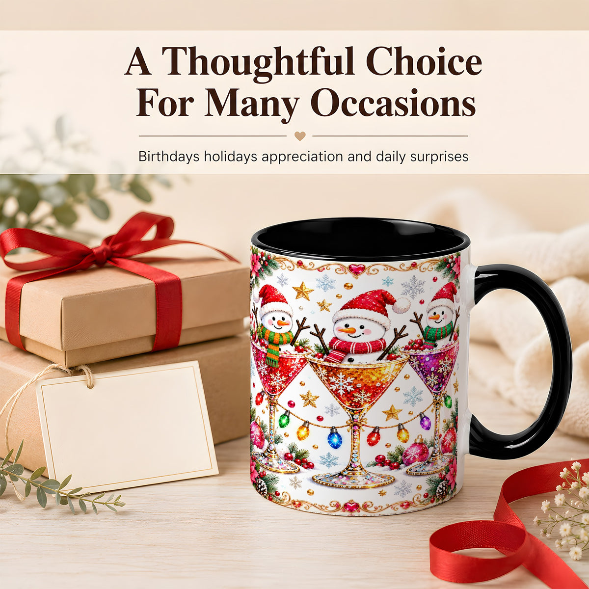#pl[11oz|Black] Snowman Martini Coffee Mug, Christmas Cocktail Mug, Ceramic Cup
