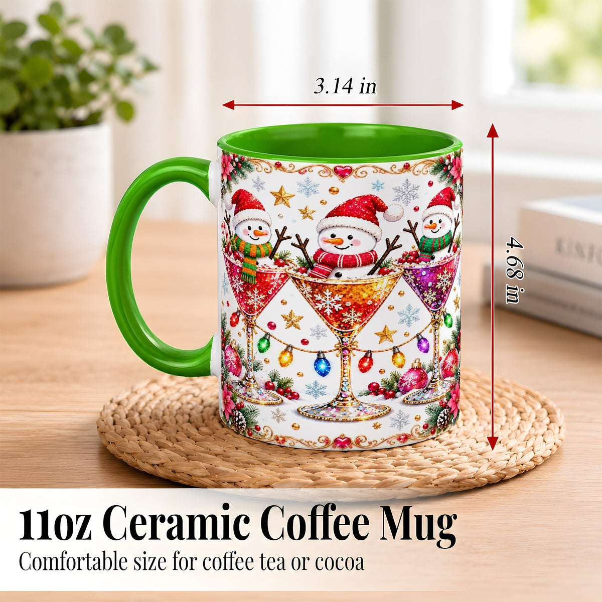 #pl[11oz|Green] Snowman Martini Coffee Mug, Christmas Cocktail Mug, Ceramic Cup