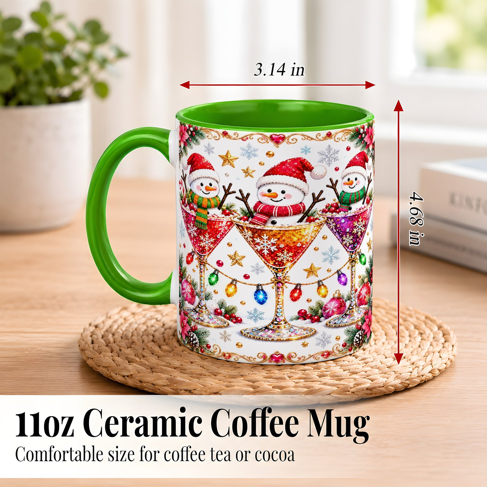 #pl[11oz|Green] Snowman Martini Coffee Mug, Christmas Cocktail Mug, Ceramic Cup