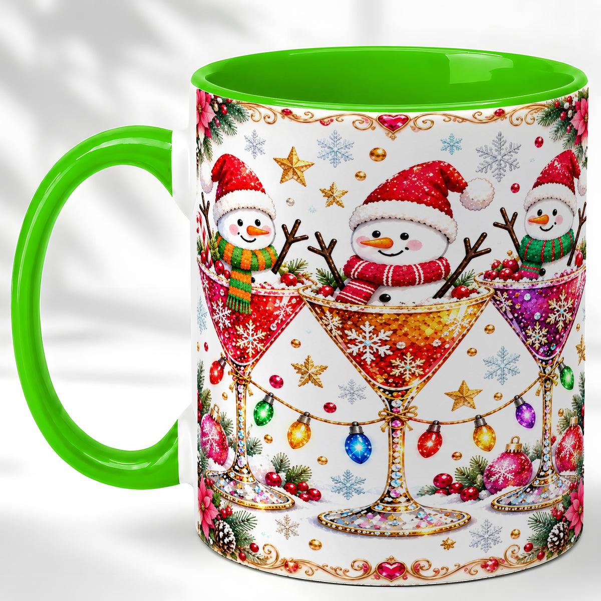 #pl[11oz|Green] Snowman Martini Coffee Mug, Christmas Cocktail Mug, Ceramic Cup