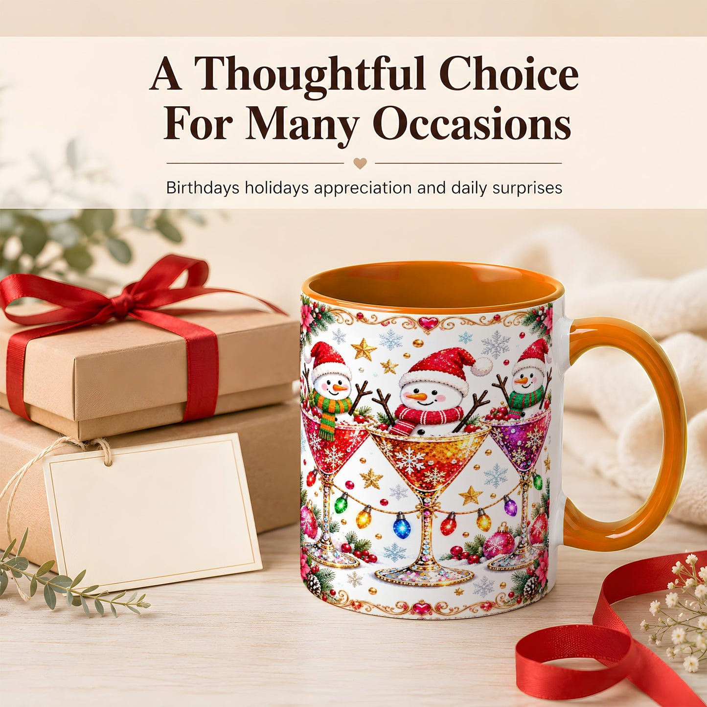 #pl[11oz|Orange] Snowman Martini Coffee Mug, Christmas Cocktail Mug, Ceramic Cup
