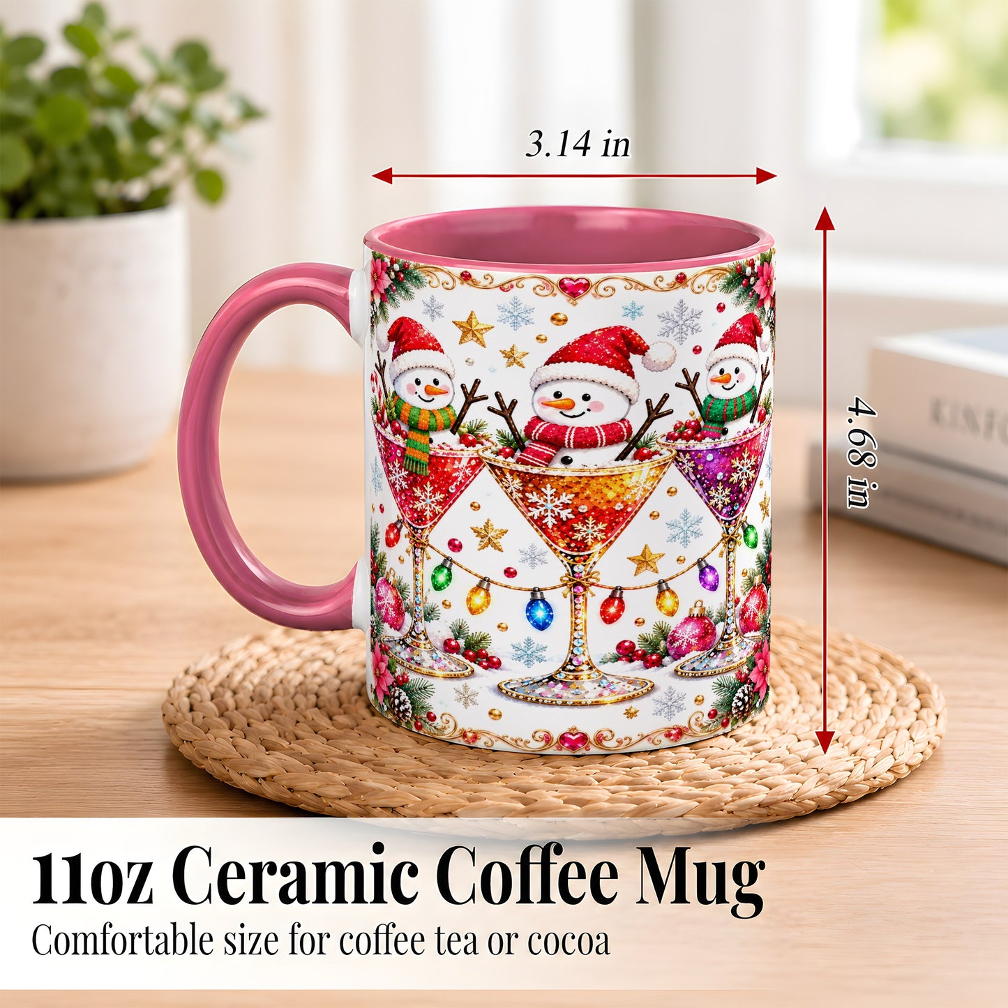 #pl[11oz|Pink] Snowman Martini Coffee Mug, Christmas Cocktail Mug, Ceramic Cup