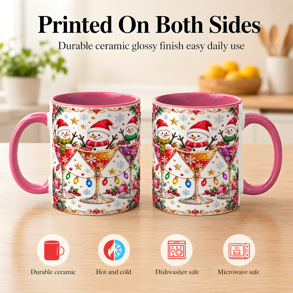 #pl[11oz|Pink] Snowman Martini Coffee Mug, Christmas Cocktail Mug, Ceramic Cup