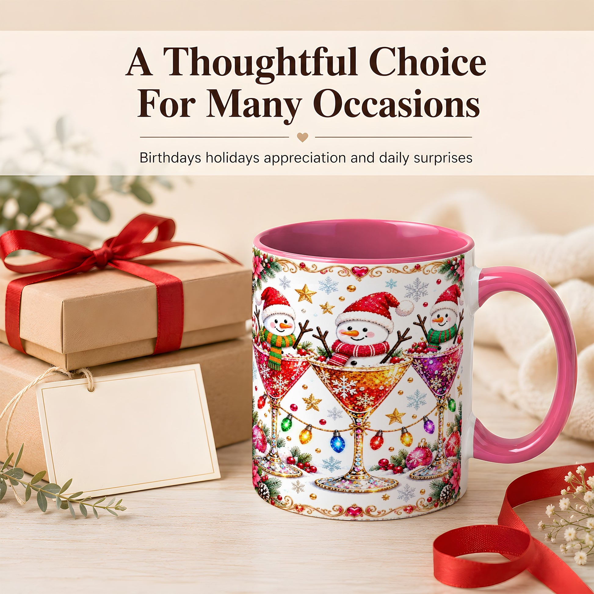 #pl[11oz|Pink] Snowman Martini Coffee Mug, Christmas Cocktail Mug, Ceramic Cup