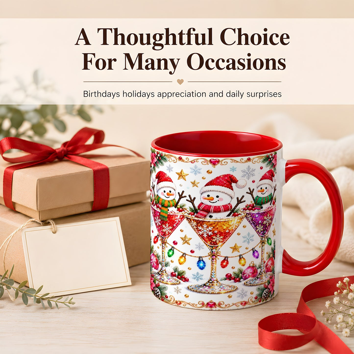 #pl[11oz|Red] Snowman Martini Coffee Mug, Christmas Cocktail Mug, Ceramic Cup