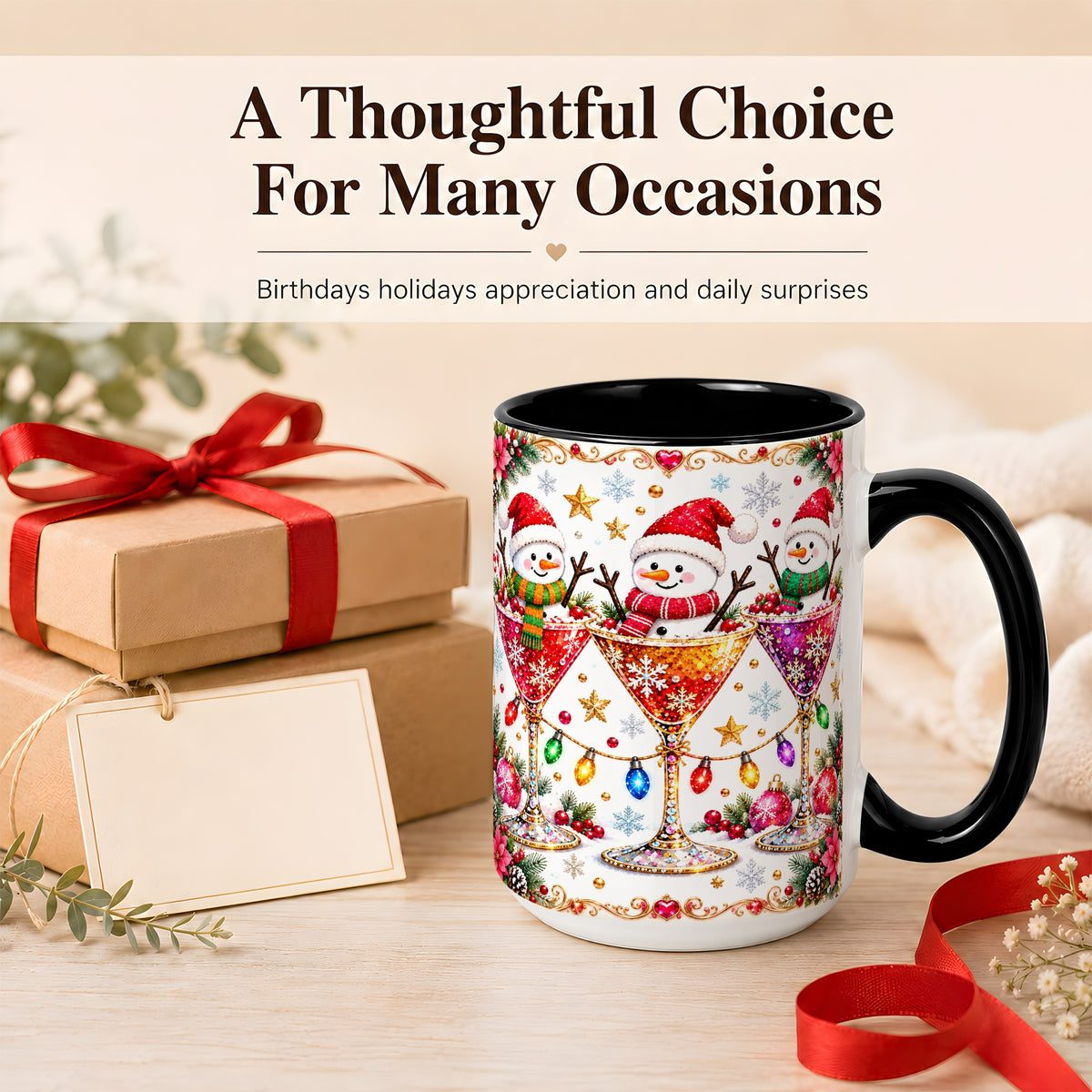 #pl[15oz|Black] Snowman Martini Coffee Mug, Christmas Cocktail Mug, Ceramic Cup
