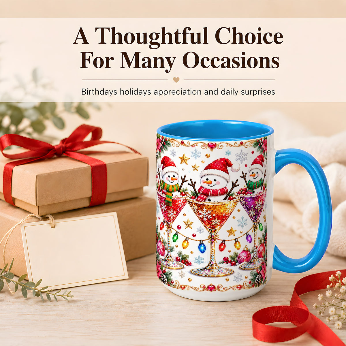 #pl[15oz|Blue] Snowman Martini Coffee Mug, Christmas Cocktail Mug, Ceramic Cup