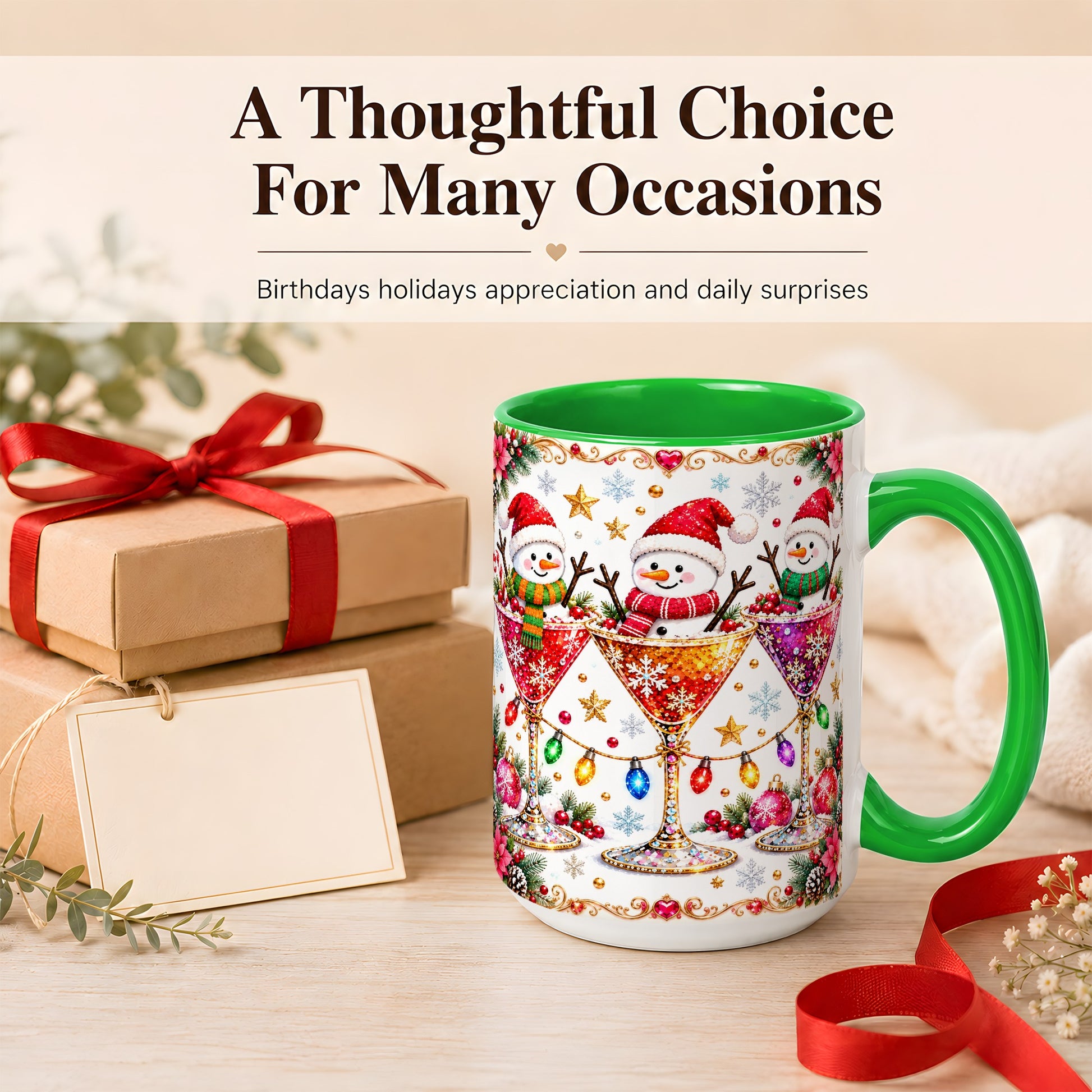 #pl[15oz|Green] Snowman Martini Coffee Mug, Christmas Cocktail Mug, Ceramic Cup