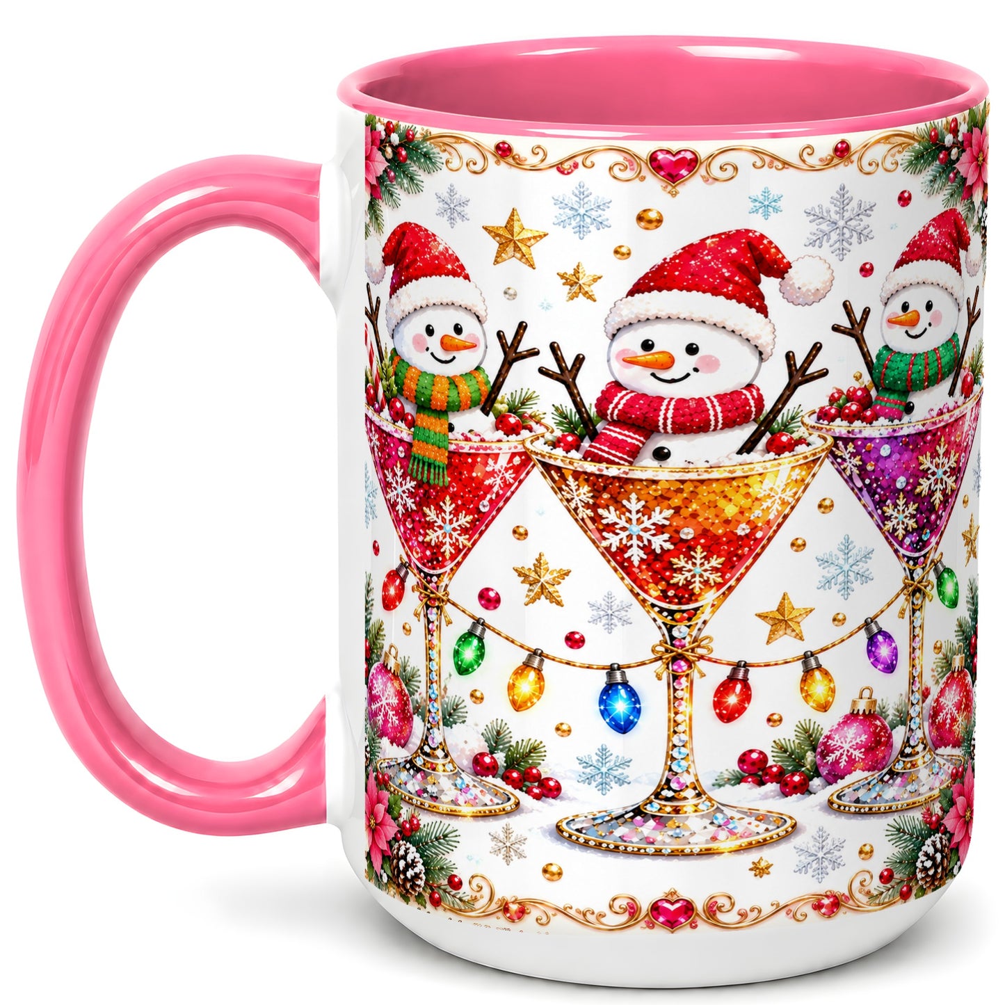 #pl[15oz|Pink] Snowman Martini Coffee Mug, Christmas Cocktail Mug, Ceramic Cup