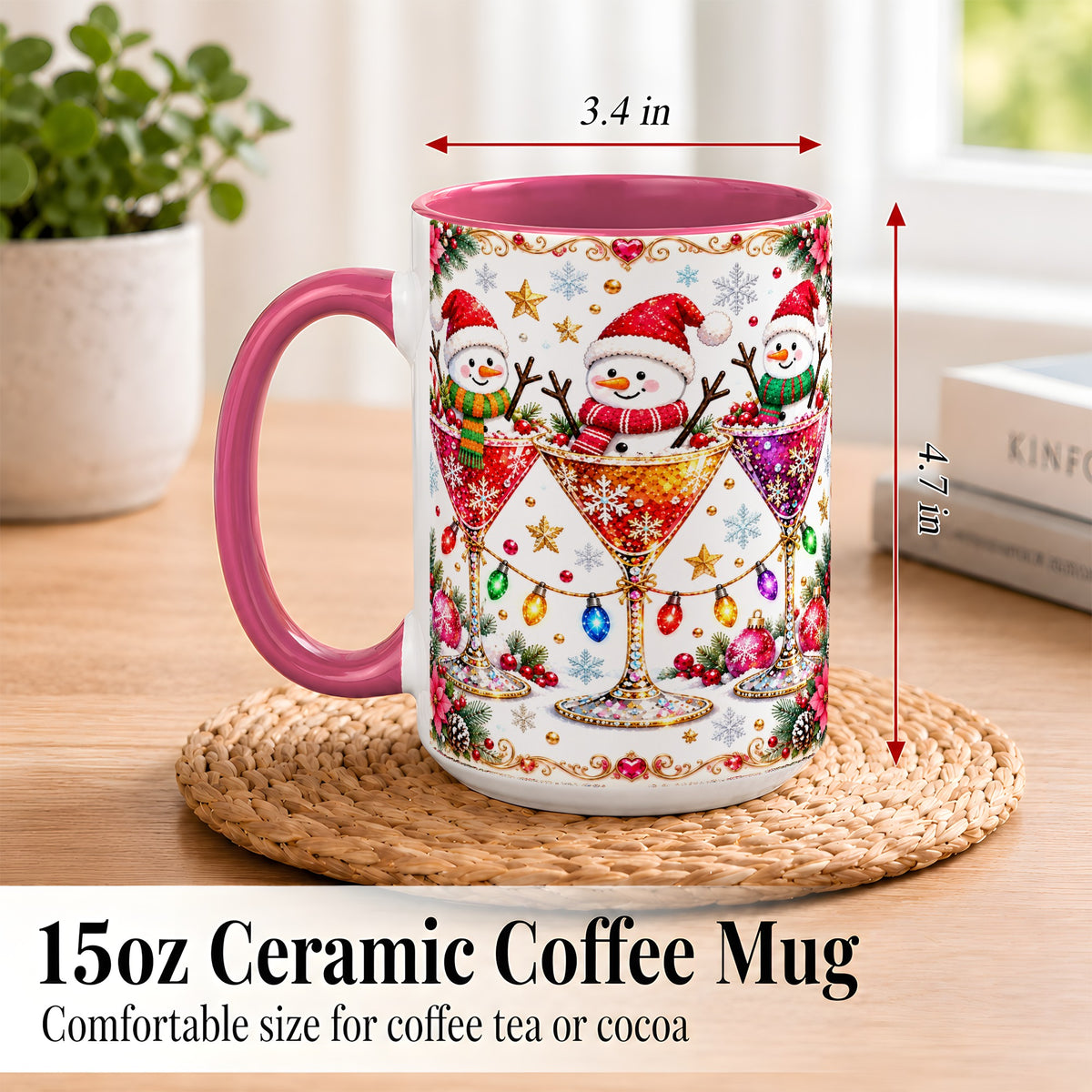 #pl[15oz|Pink] Snowman Martini Coffee Mug, Christmas Cocktail Mug, Ceramic Cup