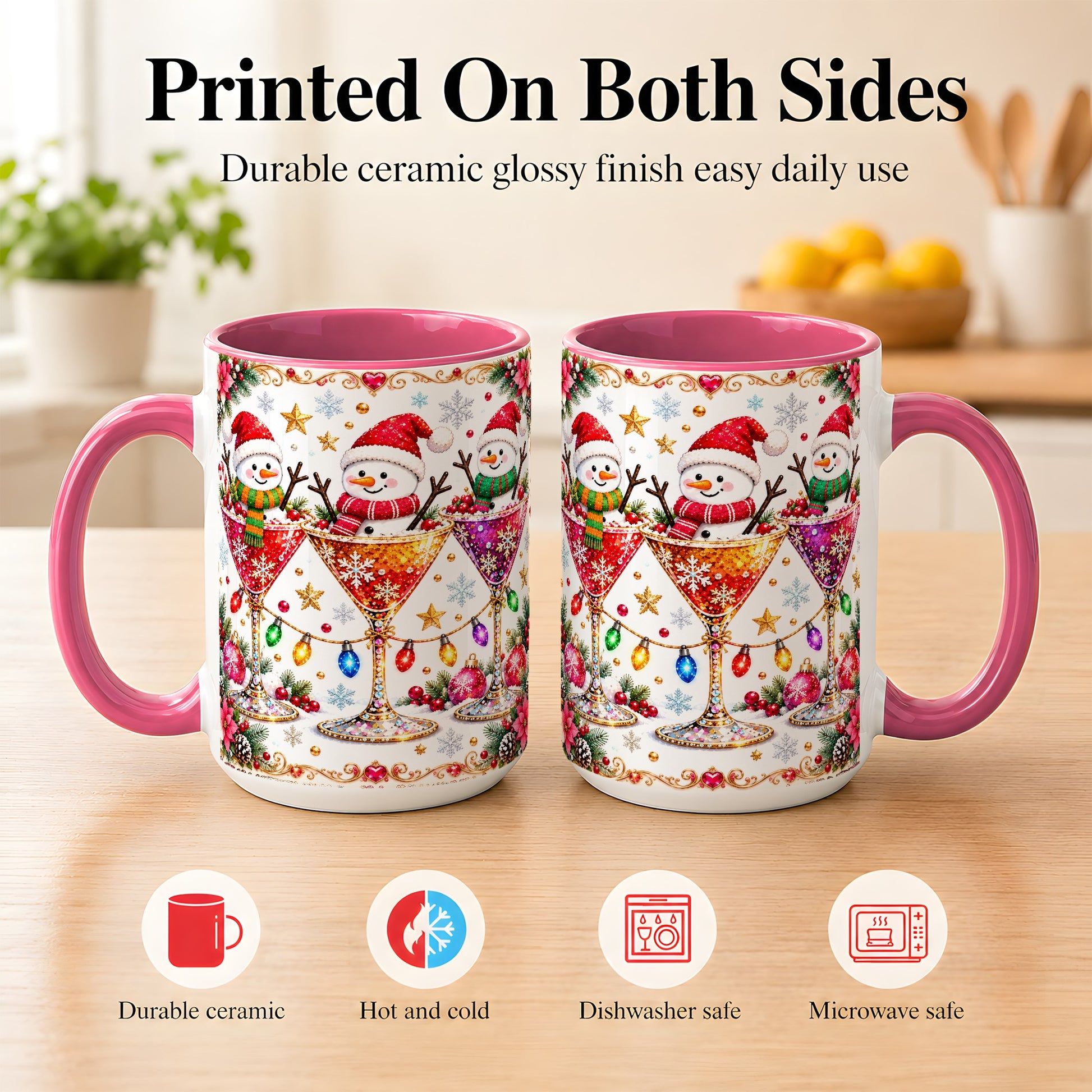 #pl[15oz|Pink] Snowman Martini Coffee Mug, Christmas Cocktail Mug, Ceramic Cup