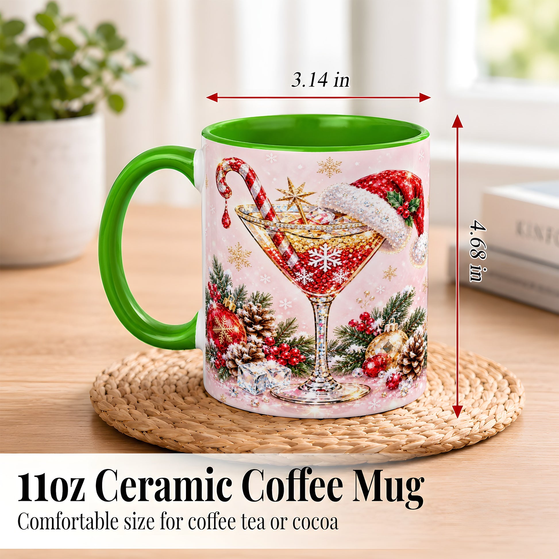 #pl[11oz|Green] Christmas Martini Coffee Mug, Santa Hat Cocktail Mug, Ceramic Cup