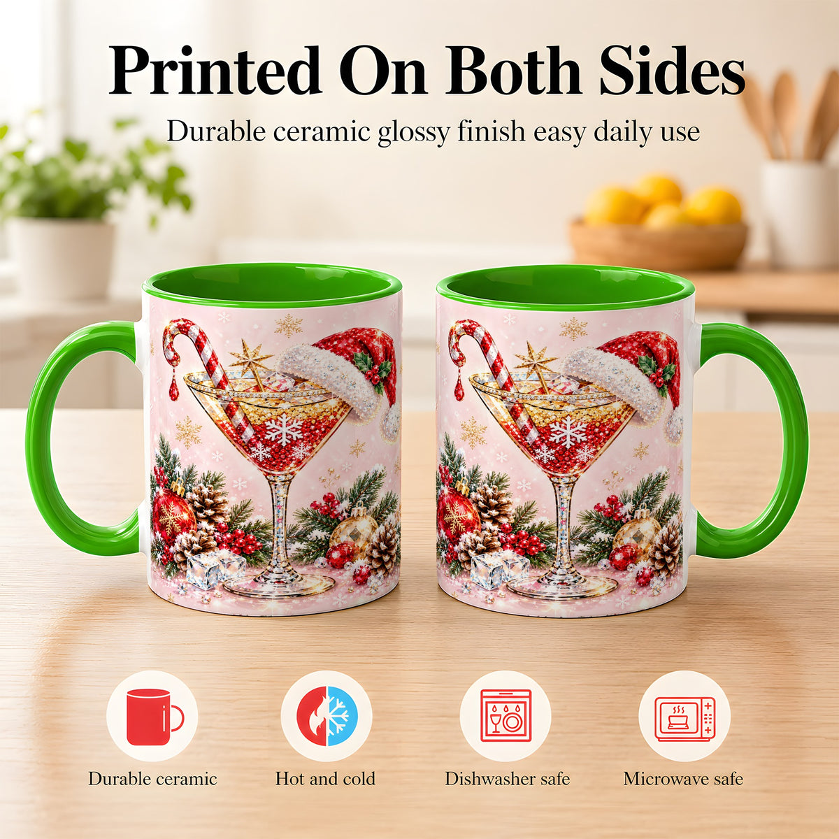 #pl[11oz|Green] Christmas Martini Coffee Mug, Santa Hat Cocktail Mug, Ceramic Cup