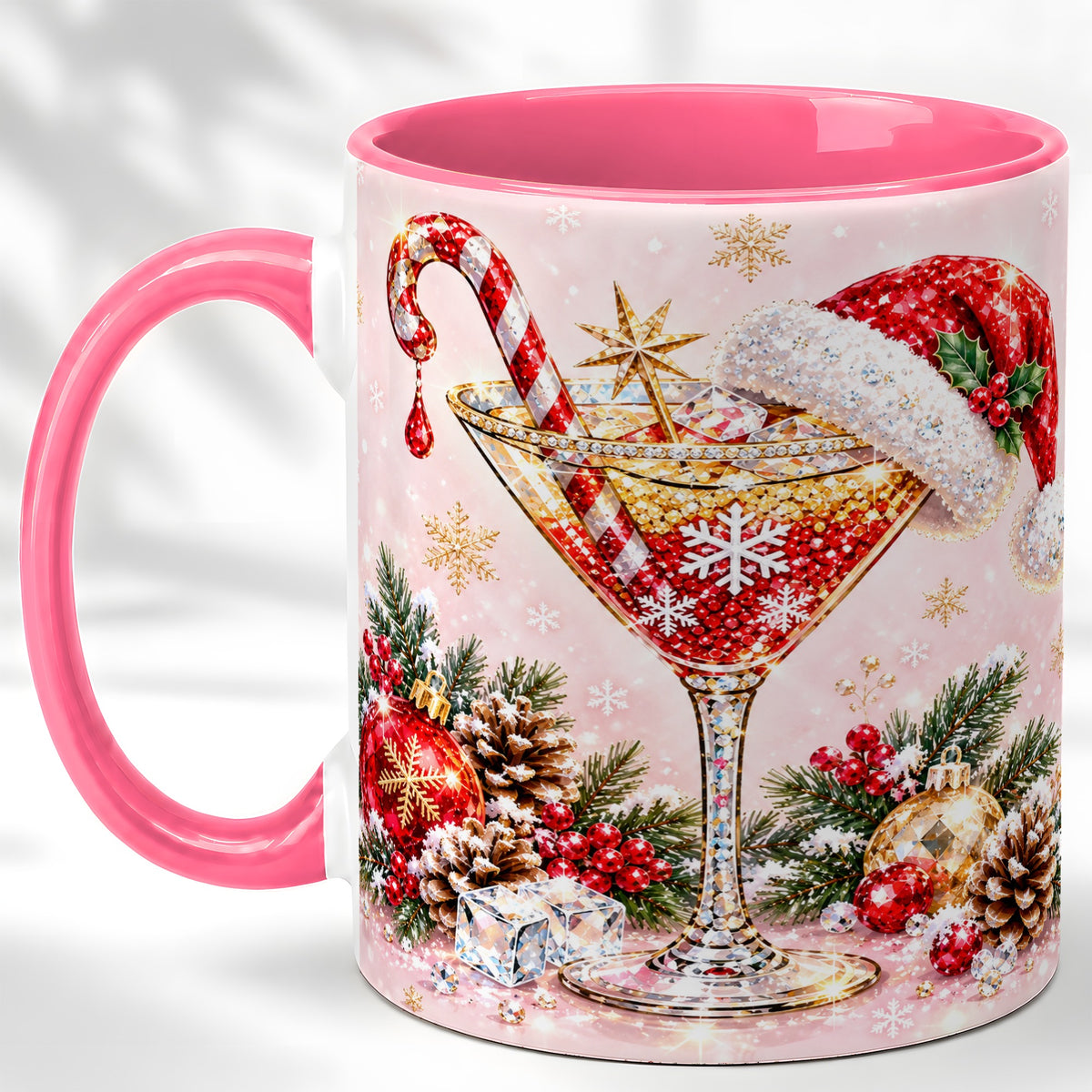 #pl[11oz|Pink] Christmas Martini Coffee Mug, Santa Hat Cocktail Mug, Ceramic Cup