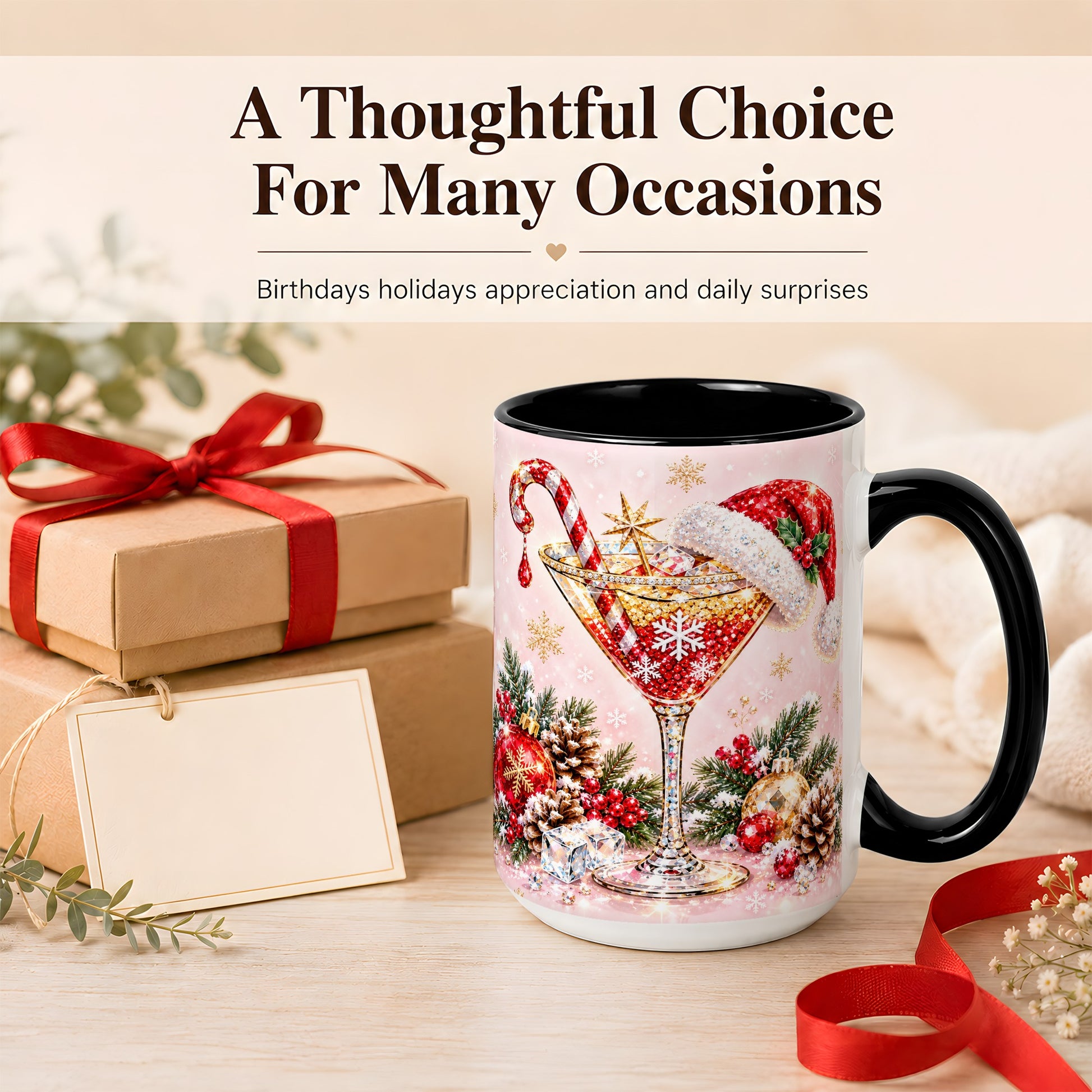 #pl[15oz|Black] Christmas Martini Coffee Mug, Santa Hat Cocktail Mug, Ceramic Cup