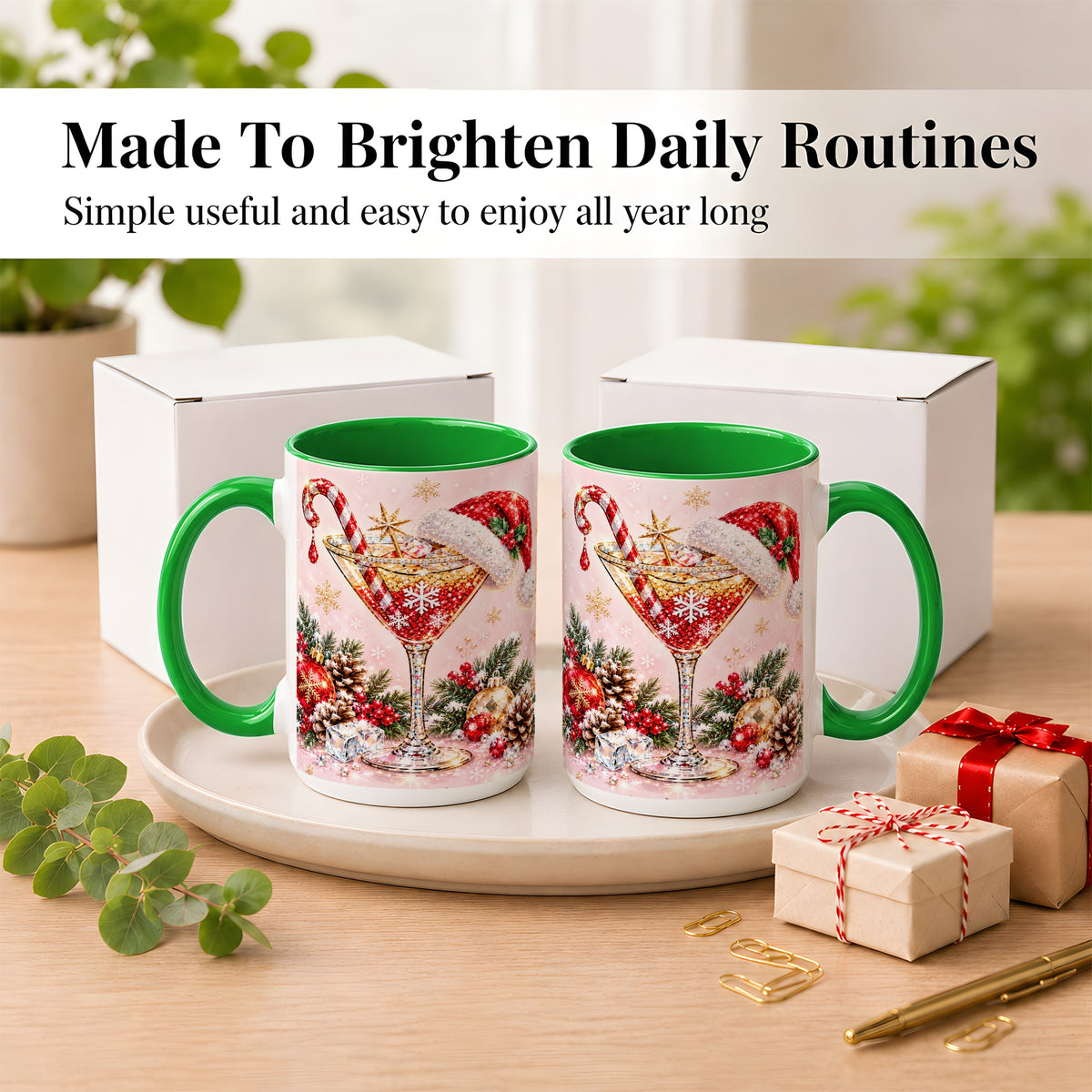#pl[15oz|Green] Christmas Martini Coffee Mug, Santa Hat Cocktail Mug, Ceramic Cup