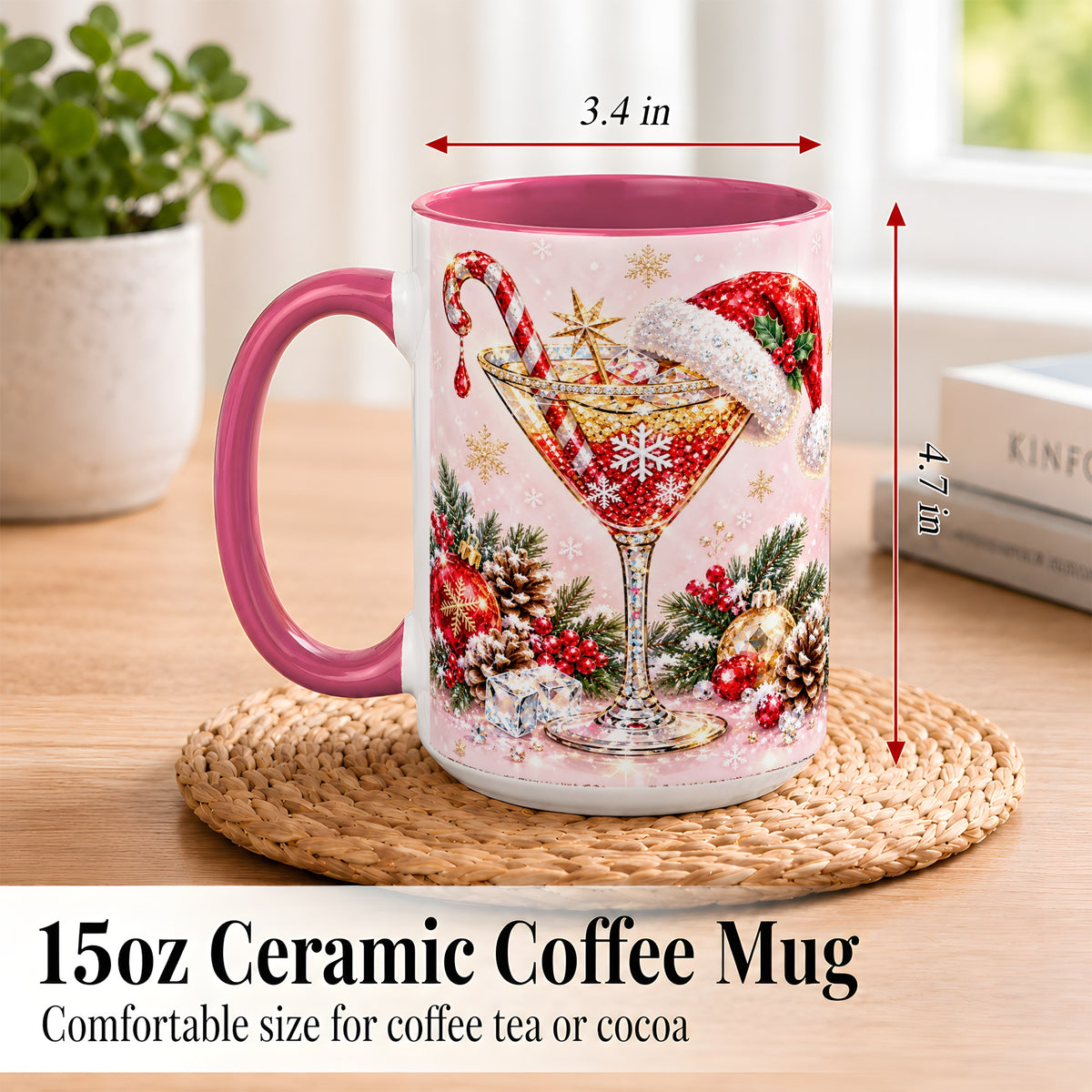#pl[15oz|Pink] Christmas Martini Coffee Mug, Santa Hat Cocktail Mug, Ceramic Cup