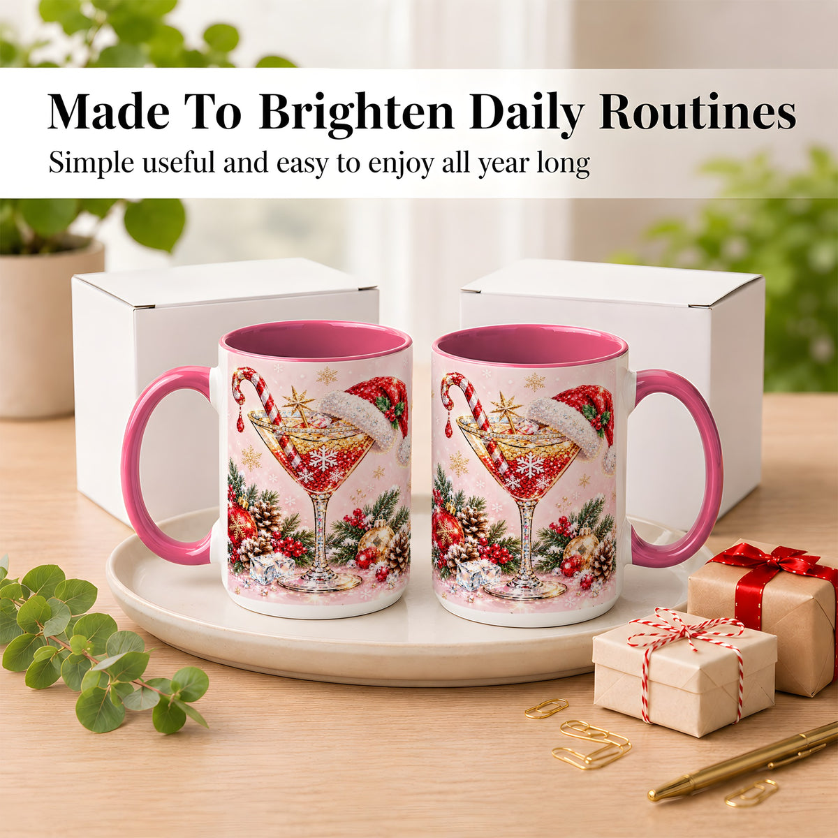 #pl[15oz|Pink] Christmas Martini Coffee Mug, Santa Hat Cocktail Mug, Ceramic Cup