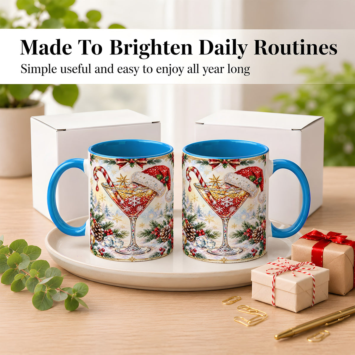 #pl[11oz|Blue] Christmas Cocktail Coffee Mug, Holiday Martini Mug, Ceramic Cup