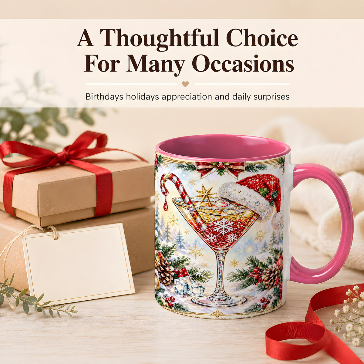 #pl[11oz|Pink] Christmas Cocktail Coffee Mug, Holiday Martini Mug, Ceramic Cup