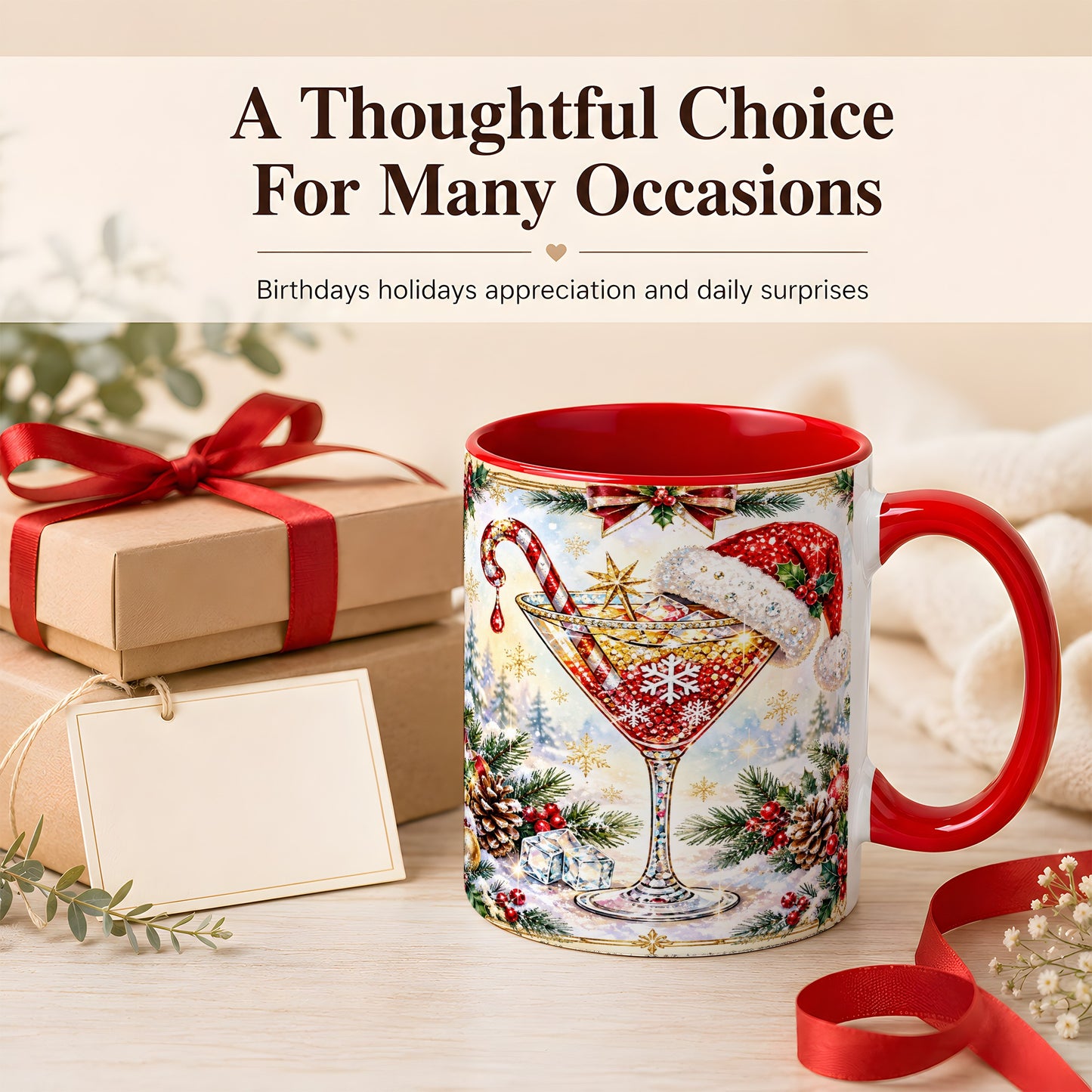 #pl[11oz|Red] Christmas Cocktail Coffee Mug, Holiday Martini Mug, Ceramic Cup