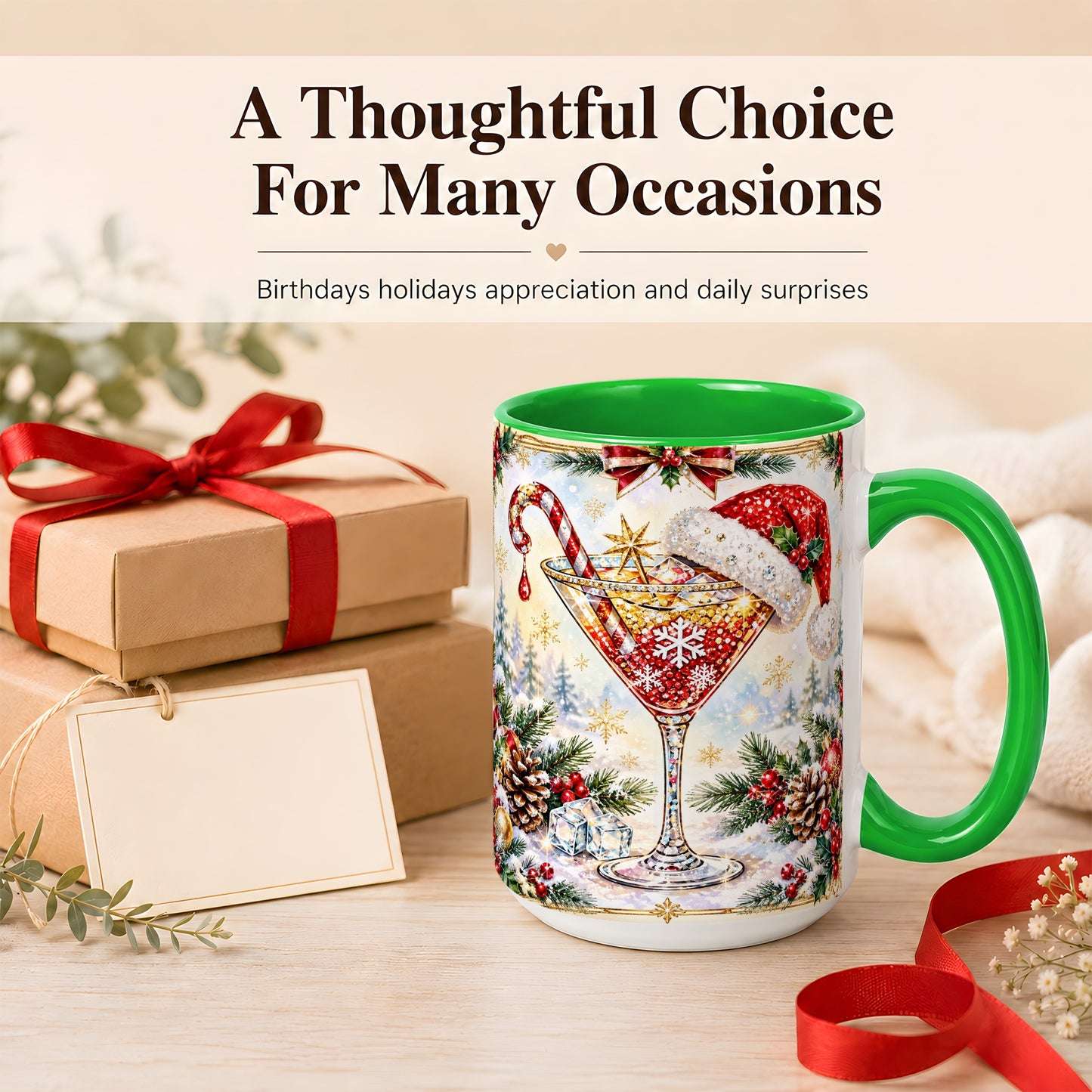 #pl[15oz|Green] Christmas Cocktail Coffee Mug, Holiday Martini Mug, Ceramic Cup
