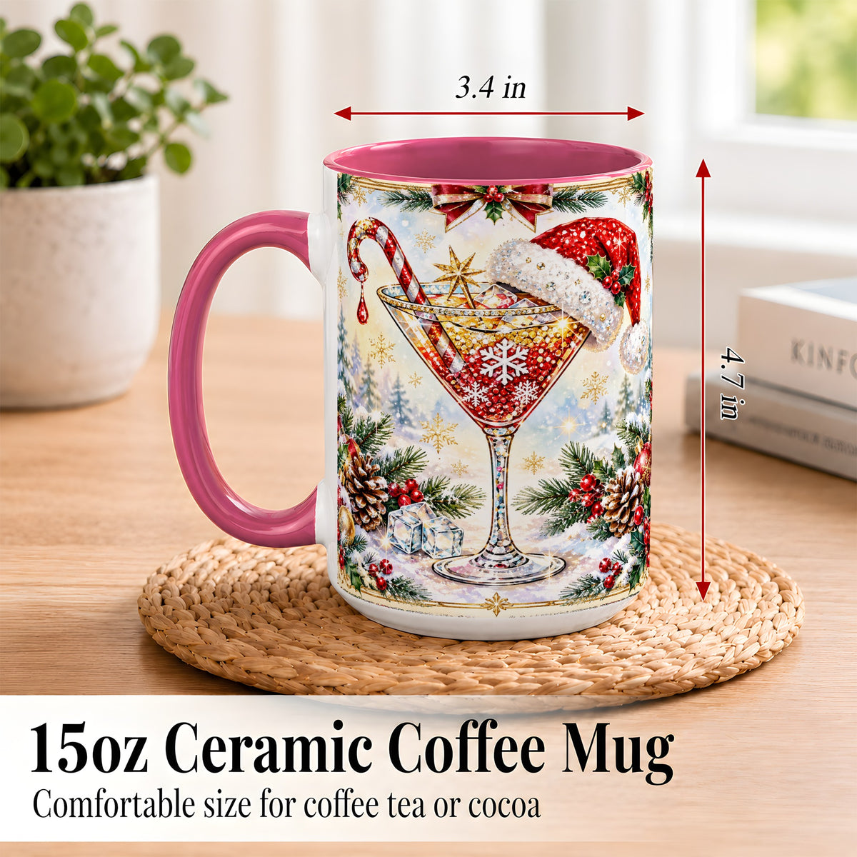 #pl[15oz|Pink] Christmas Cocktail Coffee Mug, Holiday Martini Mug, Ceramic Cup